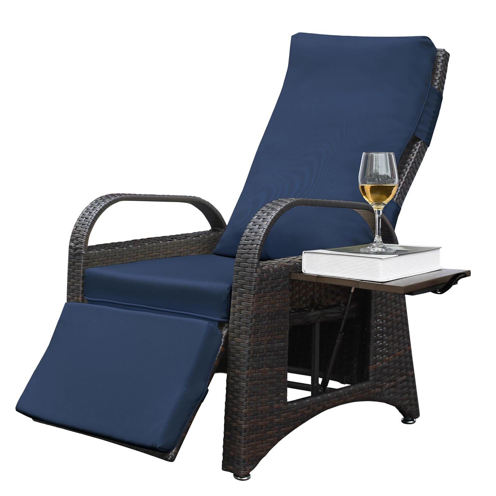 Indoor & Outdoor Recliner with Headrest and Flip Table, All-weather PE Wicker Patio Reclining Lounge Chair, Air Pump Adjustable Back and Footrest Removable Cushion (One Chair - Navy Blue)