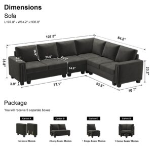 Belffin Grey Velvet L-Shape Sectional Sofa with Reversible Chaise, 107.8'L x 84.2'W x 35.8'H, Modular, Modern, Sofa Couch for Living Room, 5 Seater, Easy Assembly