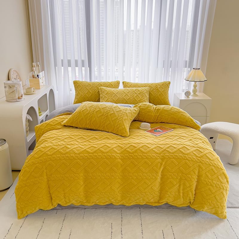 INFLAG Fluffy Comforter Cover, Boho Bedding Flannel Duvet Cover 3 Pieces, Ultra Soft Cozy Velvet Duvet Cover King 104" x 90" with Zipper Closure & 2 Pillow Shams (King, Yellow)