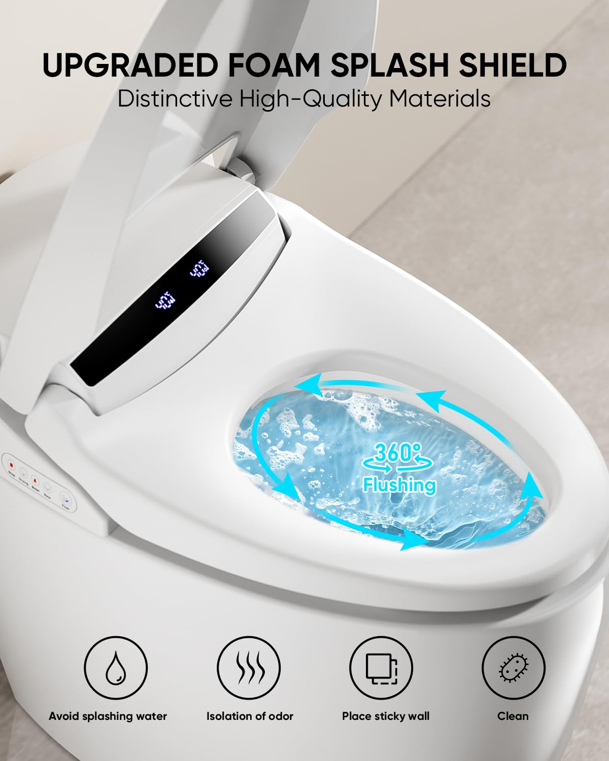 LOUPUSUO Smart Toilet, Tankless Toilet with Warm Water Sprayer and Dryer, Foot Sensor Operation, Heated Bidet Seat, Smart Toilet Bidet Toilet with Fahrenheit LED Display