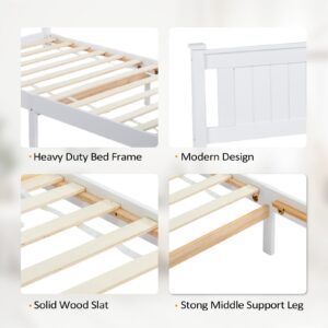 VINGLI Twin Bed Frame Solid Wood Platform Bed Frame, Single Bed with Headboard, No Box Spring Needed Panel Bed, Wood Slat Support Mattress Foundation, White