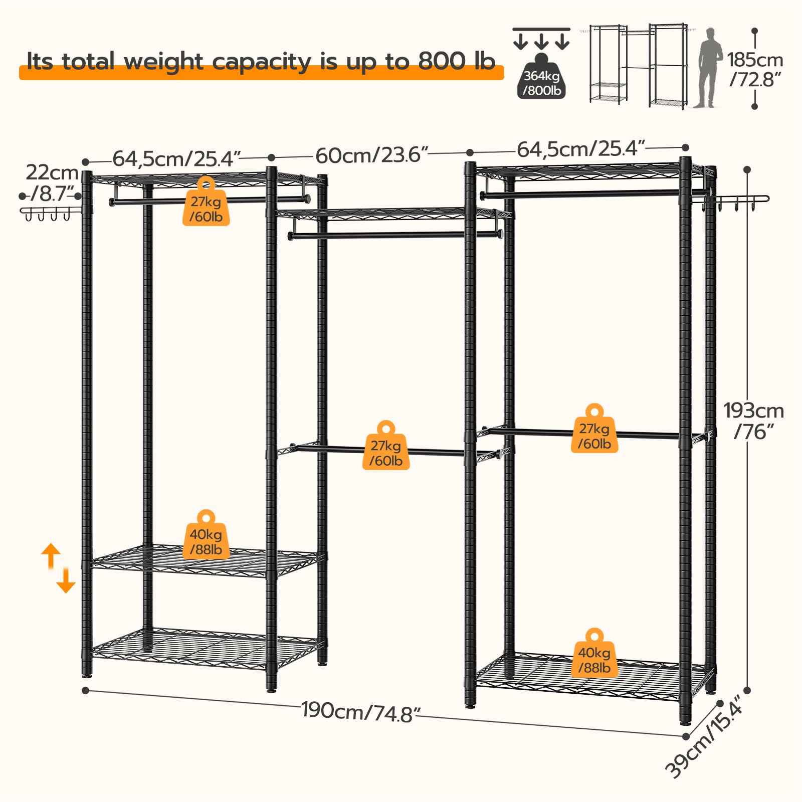 HOOBRO Heavy-Duty Clothes Rack, Freestanding 6-Tier Closet Organizer, Metal Clothing Rack with Shelves and Hanger Rods, Multi-Functional Bedroom Garment Rack, Max Load 800 lb, Black BK03LY01