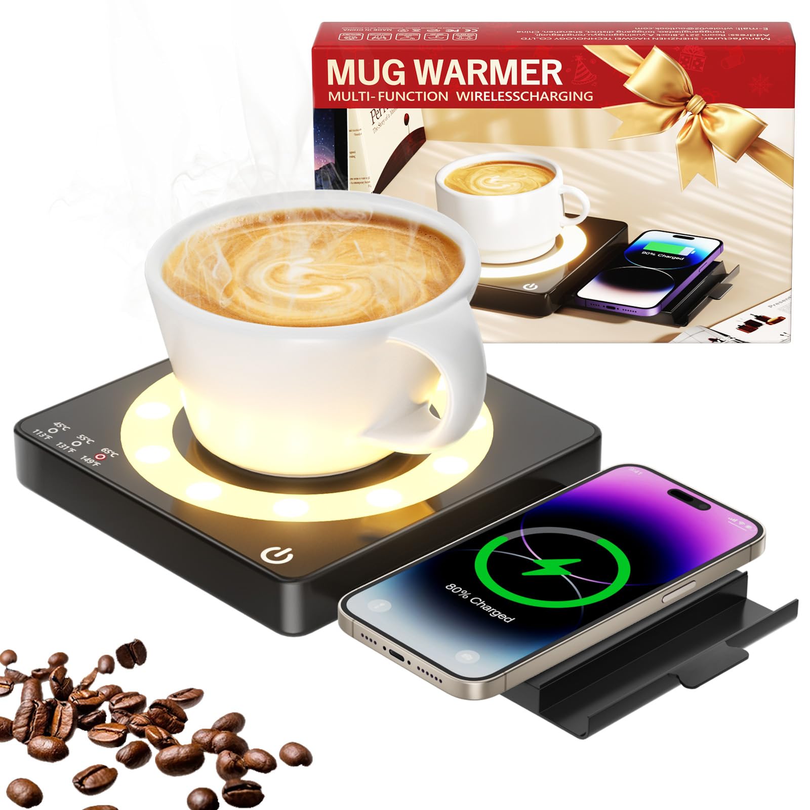 WHOLEV Coffee Mug Warmer, Smart Mug Warmer 15W Wireless Charging for Desk/Home, 3 Heat Settings Temperature Controlled, 8H Auto Off, Candle Warmer, Safe for Heating Coffee, Beverage, Milk, Tea