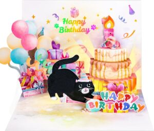 fitmite birthday cards, cute cat music & lights & blowable candle funny pop up happy birthday card, birthday gifts for women men cat lover mom or dad