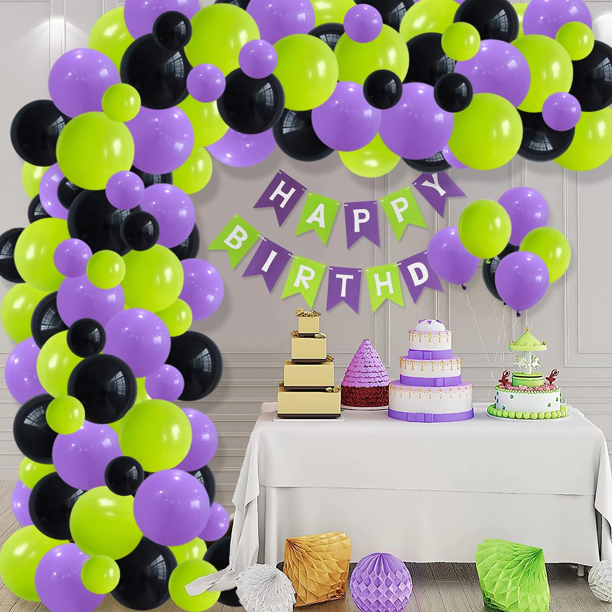 Lime Green Purple Black Balloon Garland Kit, 122PCS Black Purple Fruit Green Party Balloons for Hero Birthday Video Game Anniversary Graduation Racing Car Party Decoration…