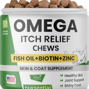 Omega 3 for Dogs - for Dry Itchy Skin - Fish Oil Chews - Skin & Coat Supplement - Itch Relief, Allergy, Anti Shedding, Hot Spots Treatment - w/EPA & DHA - Vitamins - Made in USA - 120 Treats