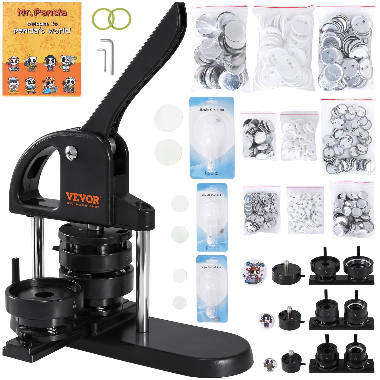 VEVOR Button Maker, 1/1.25/2.28 inch(25/32/58mm) 3-in-1 Pin Maker with 300pcs Button Parts, Ergonomic Arc Handle Punch Press Kit, Button Maker Machine with Panda Magic Book, for Children DIY Gifts