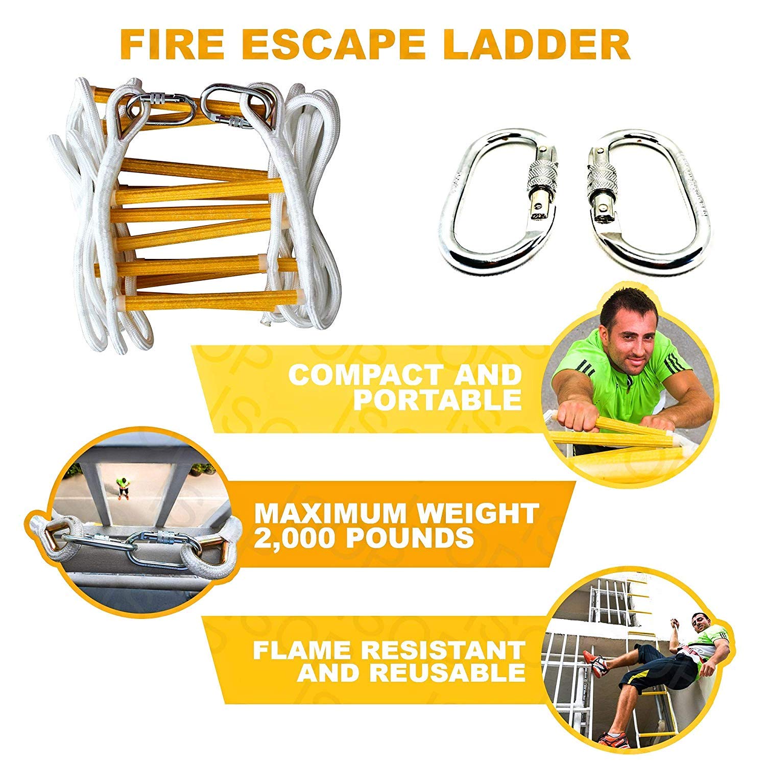 ISOP Fire Emergency Ladder 4 Story Homes 32ft - Fire Safety Ladders with Hooks and Safety Belt - Emergency Escape Ladder 4th Story House/Reusable, Weather Resistant & Portable