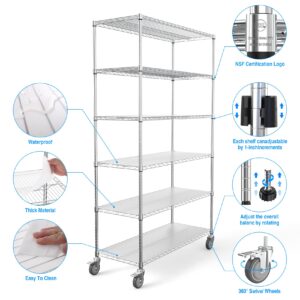 NSF Heavy Duty 6-Tier Metal Wire Shelving Unit - 6000lbs Capacity, Adjustable, with 5in Wheels/Leveling Feet and Shelf Liners - Ideal for Garage, Kitchen, and More - Chrome, 20"D x 48"L x 84.5"H