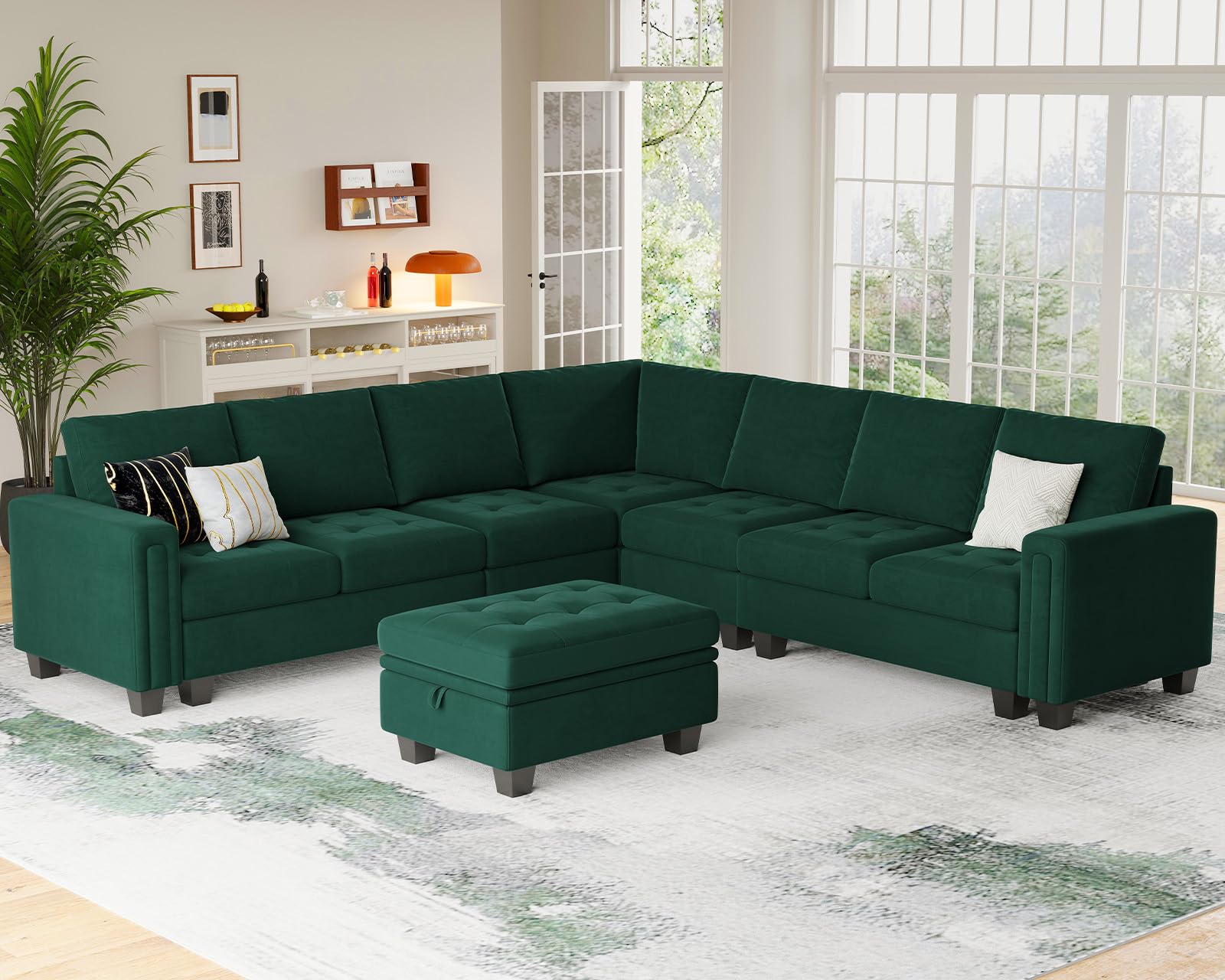 Belffin Convertible Velvet Modular Sectional Sofa Couch with Reversible Chaise L Shaped Sectional Couch with Storage Ottoman Living Room furniture Sofa Set Green