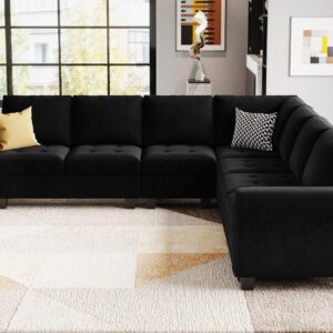 Belffin Modular Velvet Sectional L Shape Sofa Couch Oversized Convertible Sectional Sofa Couch with Reversible Chaise for Living Room Black