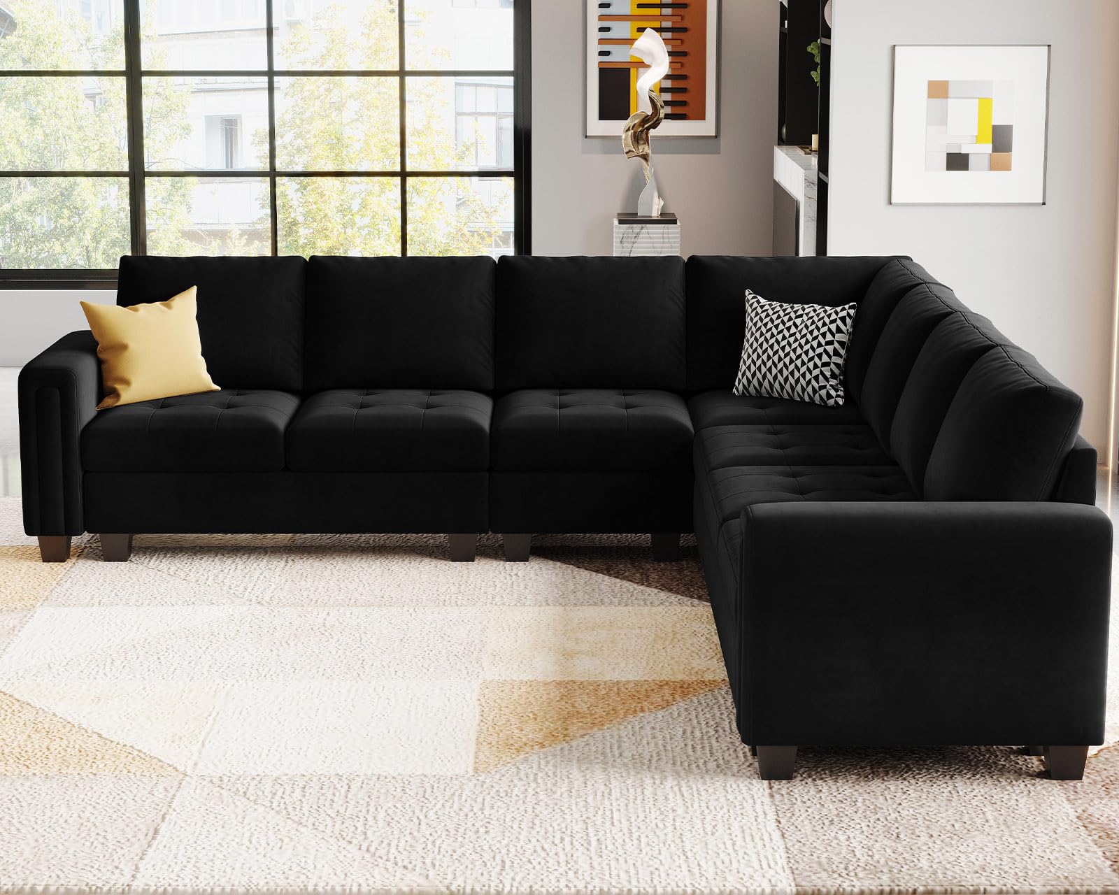 Belffin Modular Velvet Sectional L Shape Sofa Couch Oversized Convertible Sectional Sofa Couch with Reversible Chaise for Living Room Black