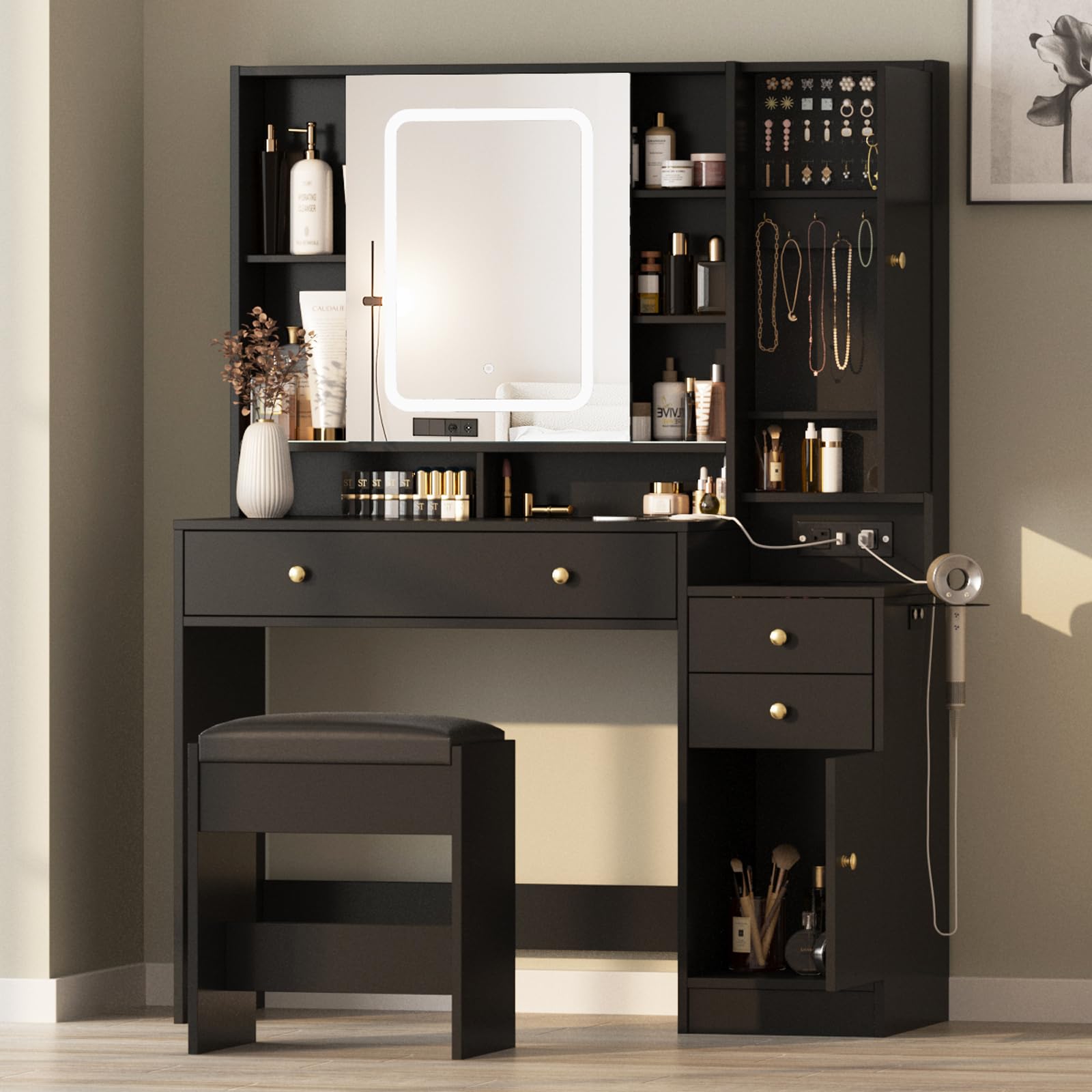 Vanity Table with Mirror, Lights and Charging Station - Glass Top Vanity with 3 Drawers, Jewelry Cabinet and Sliding Door, 42.8 Inches