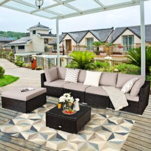 COSTWAY 6PCS Outdoor Patio Rattan Furniture Set Cushioned Sectional Sofa Beige