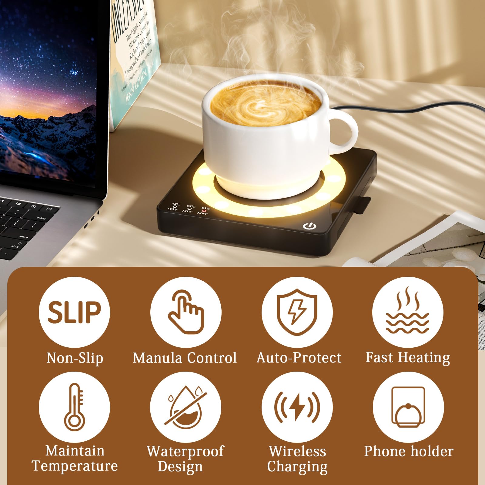 WHOLEV Coffee Mug Warmer, Smart Mug Warmer 15W Wireless Charging for Desk/Home, 3 Heat Settings Temperature Controlled, 8H Auto Off, Candle Warmer, Safe for Heating Coffee, Beverage, Milk, Tea