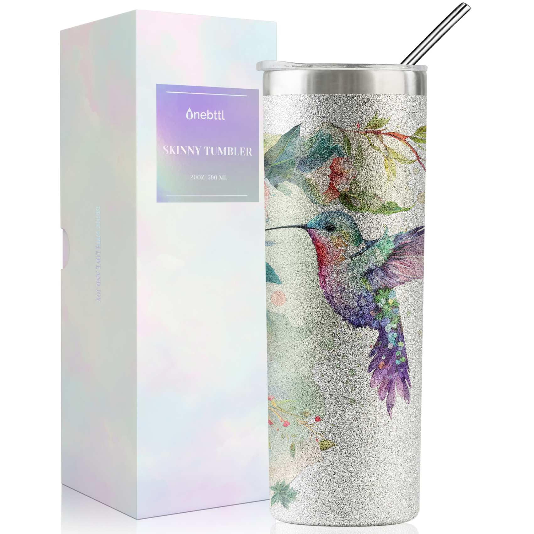 Onebttl Hummingbird Gifts For Women, Her and Hummingbird Lovers - 20oz/590ml Stainless Steel Insulated Glitter Tumbler with Straw - Hummingbird Skinny Tumbler, Coffee Cups - (Sliver)