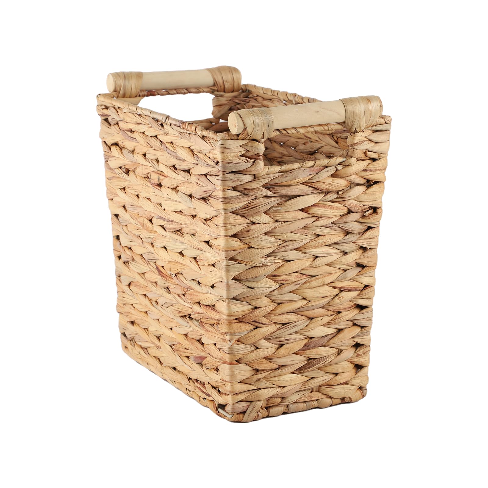 KINGWILLOW Wicker Waste Basket with Wood Handles, Woven Water Hyacinth Trash Can for Sundries Bedroom Bathroom Office