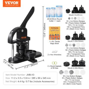 VEVOR Button Maker, 1/1.25/2.28 inch(25/32/58mm) 3-in-1 Pin Maker with 300pcs Button Parts, Ergonomic Arc Handle Punch Press Kit, Button Maker Machine with Panda Magic Book, for Children DIY Gifts