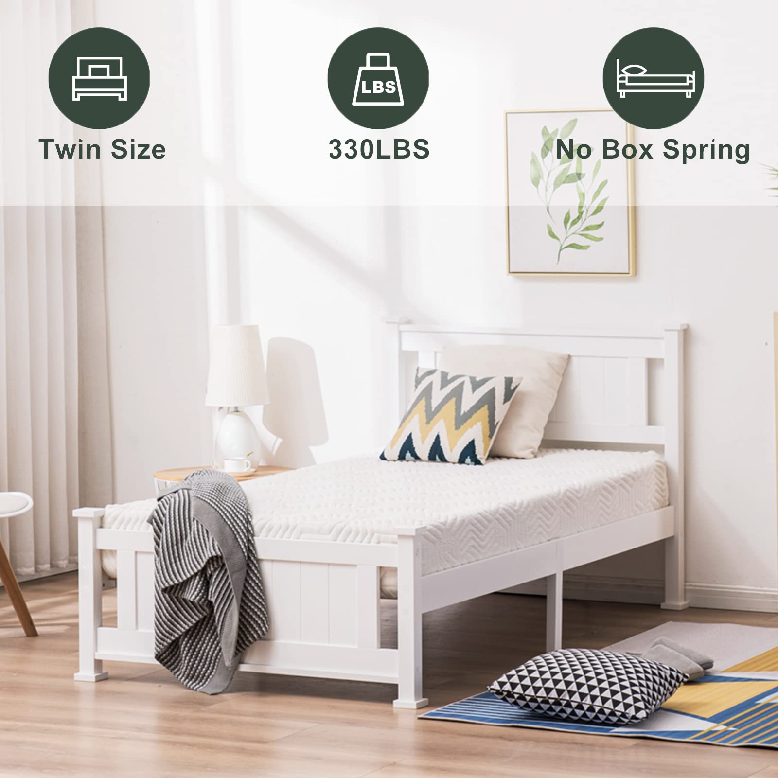 VINGLI Twin Bed Frame Solid Wood Platform Bed Frame, Single Bed with Headboard, No Box Spring Needed Panel Bed, Wood Slat Support Mattress Foundation, White