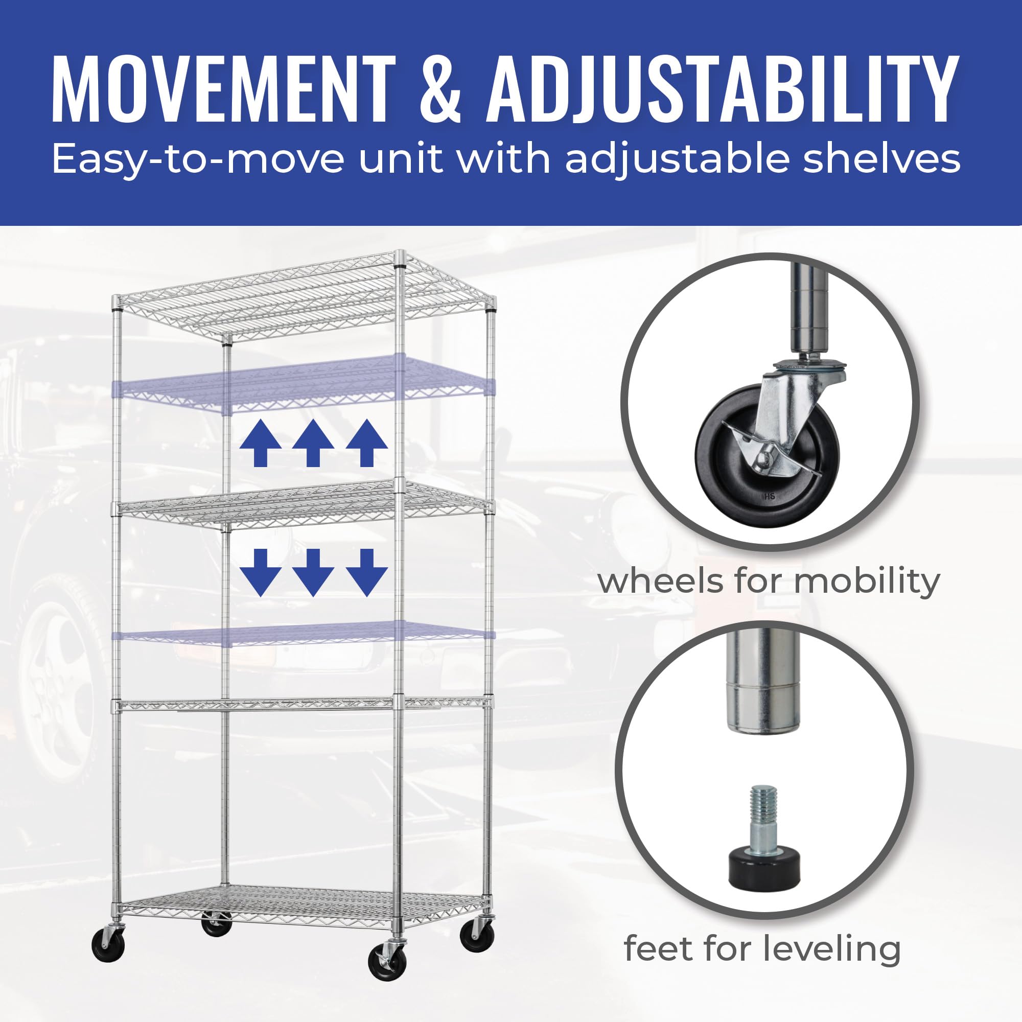 SafeRacks - NSF Certified Storage Shelves, Zinc, Heavy Duty Steel Wire Unit with Wheels and Adjustable Feet, Garage or Bakers Rack, Kitchen, Pantry Shelf - (36"x24"x72" 4-Tier) (Silver)