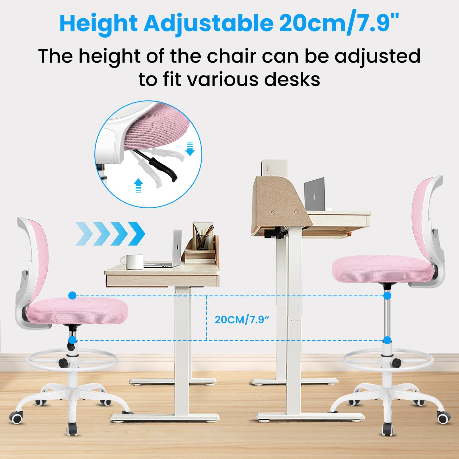 Razzor Drafting Chair Tall Office Chair for Standing Desk Chairs with Adjustable Height Footrest, Armless High Desk Chair Ergonomic Rolling Stool