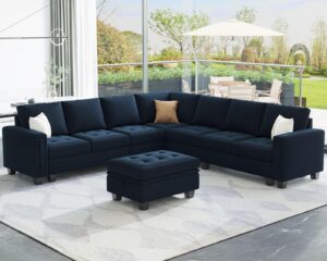 belffin convertible velvet modular sectional sofa couch with reversible chaise l shaped sectional couch with storage ottoman living room furniture sofa set blue