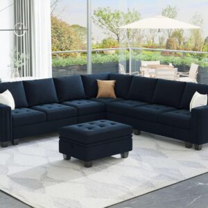 Belffin Convertible Velvet Modular Sectional Sofa Couch with Reversible Chaise L Shaped Sectional Couch with Storage Ottoman Living Room Furniture Sofa Set Blue