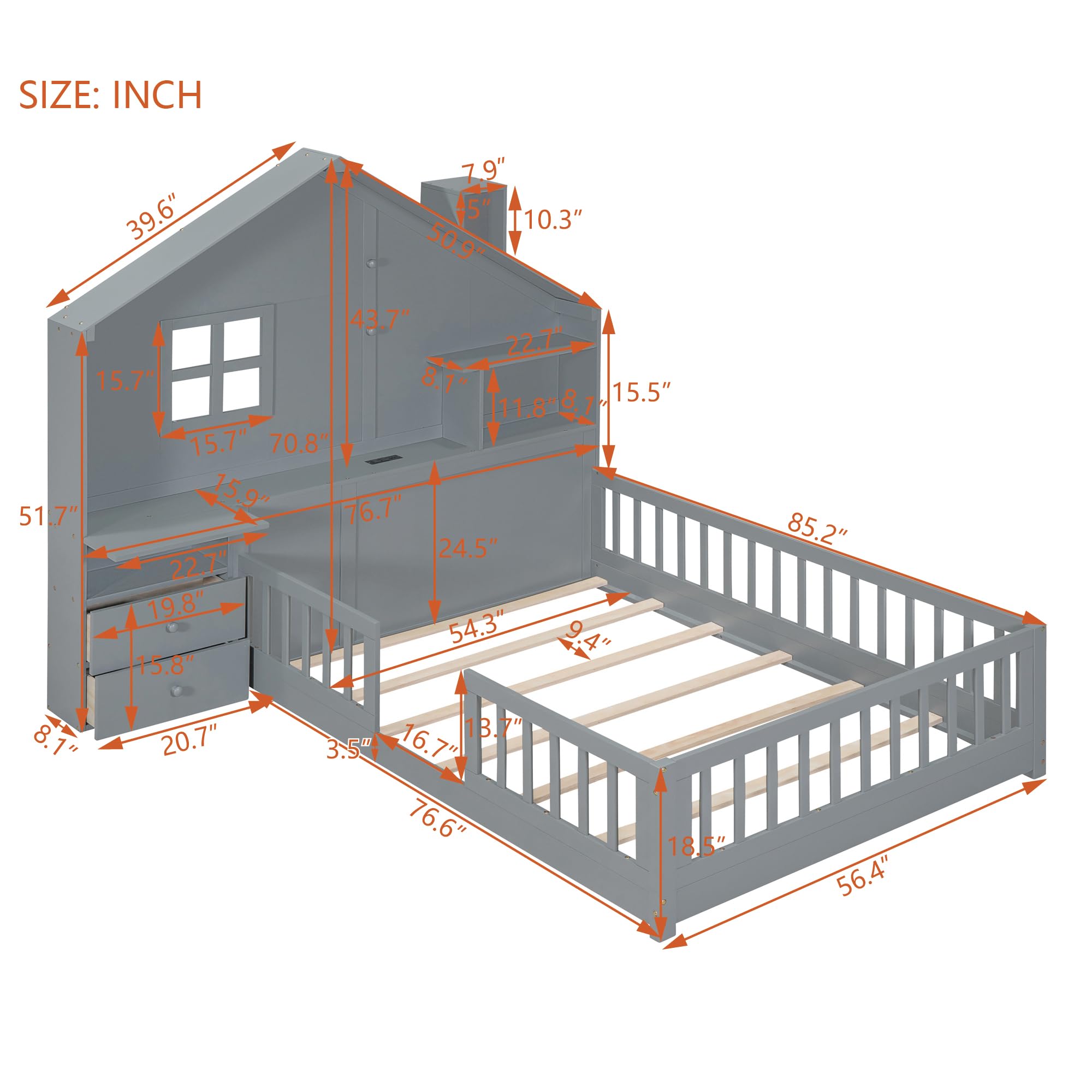 Full Floor House Bed for Kids, Wood Montessori Floor Bed with Rails, Window and Bedside Drawers, Kids Full Platform Bed with Shelves and a Set of Sockets and USB Port (Full,Grey)