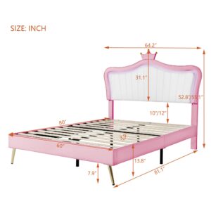 Queen Size Upholstered Princess Bed Frame with LED Lights and Crown Headboard,for Kids Boys Girls Teens Bedroom Use (Queen, White+Pink@LED Lights-)