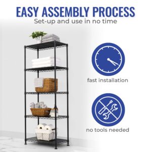 SafeRacks - NSF Certified Storage Shelves, Zinc, Heavy Duty Steel Wire Unit with Wheels and Adjustable Feet, Garage or Bakers Rack, Kitchen, Pantry Shelf - (24"x14"x60" 5-Tier) (Black)