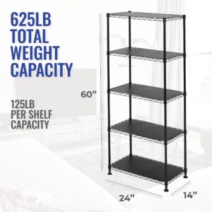 SafeRacks - NSF Certified Storage Shelves, Zinc, Heavy Duty Steel Wire Unit with Wheels and Adjustable Feet, Garage or Bakers Rack, Kitchen, Pantry Shelf - (24"x14"x60" 5-Tier) (Black)