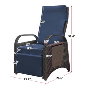 Indoor & Outdoor Recliner with Headrest and Flip Table, All-weather PE Wicker Patio Reclining Lounge Chair, Air Pump Adjustable Back and Footrest Removable Cushion (One Chair - Navy Blue)