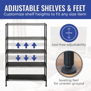 SafeRacks - NSF Certified Storage Shelves, Zinc, Heavy Duty Steel Wire Unit with Wheels and Adjustable Feet, Garage or Bakers Rack, Kitchen, Pantry Shelf - (36"x14"x60" 5-Tier) (Black)