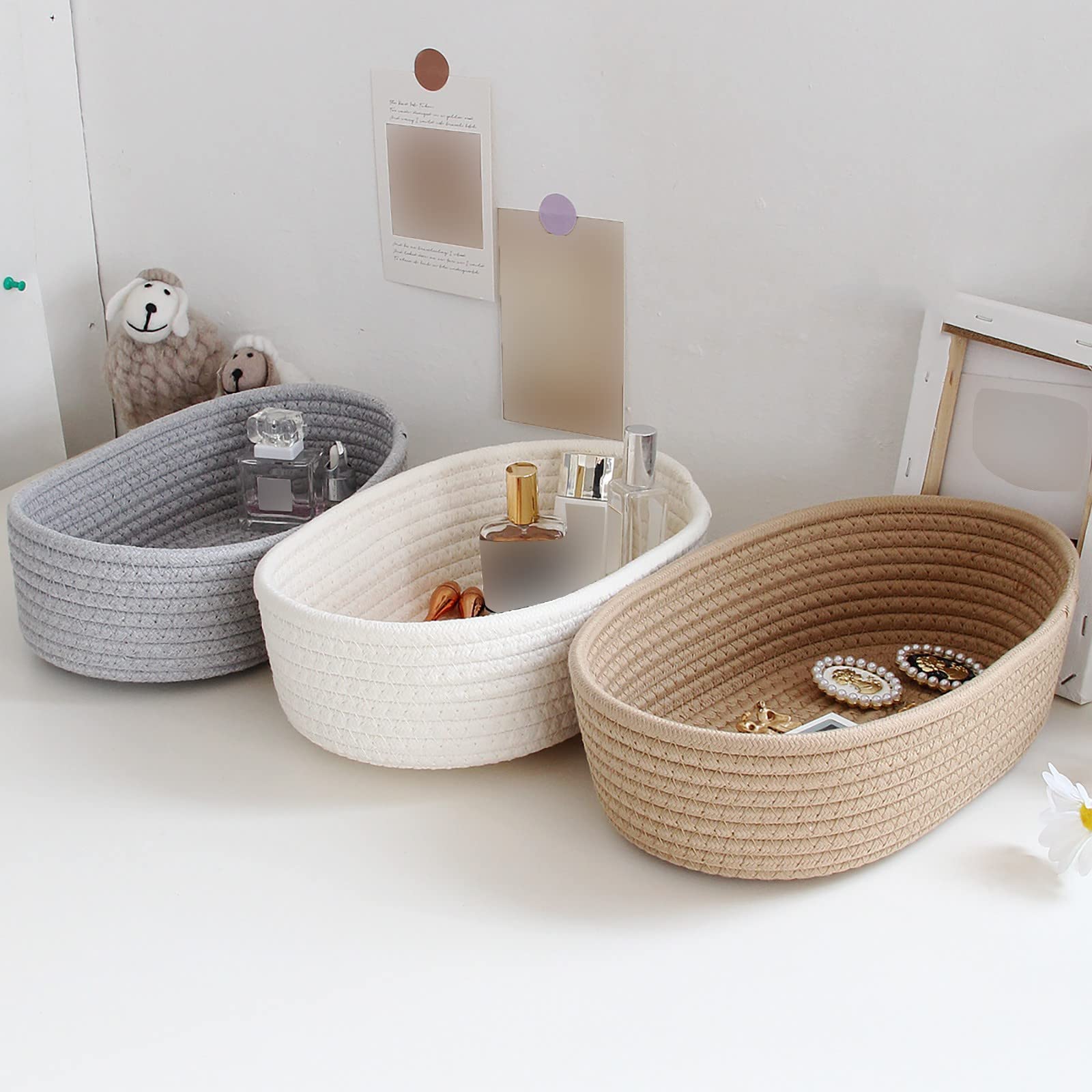 Small Woven Rope Storage Basket with Handles Spring Mini Oval Decorative Hampers for Empty Chest Box 3 Sizes(White 10''L x 6"W x 3''H) Clearence