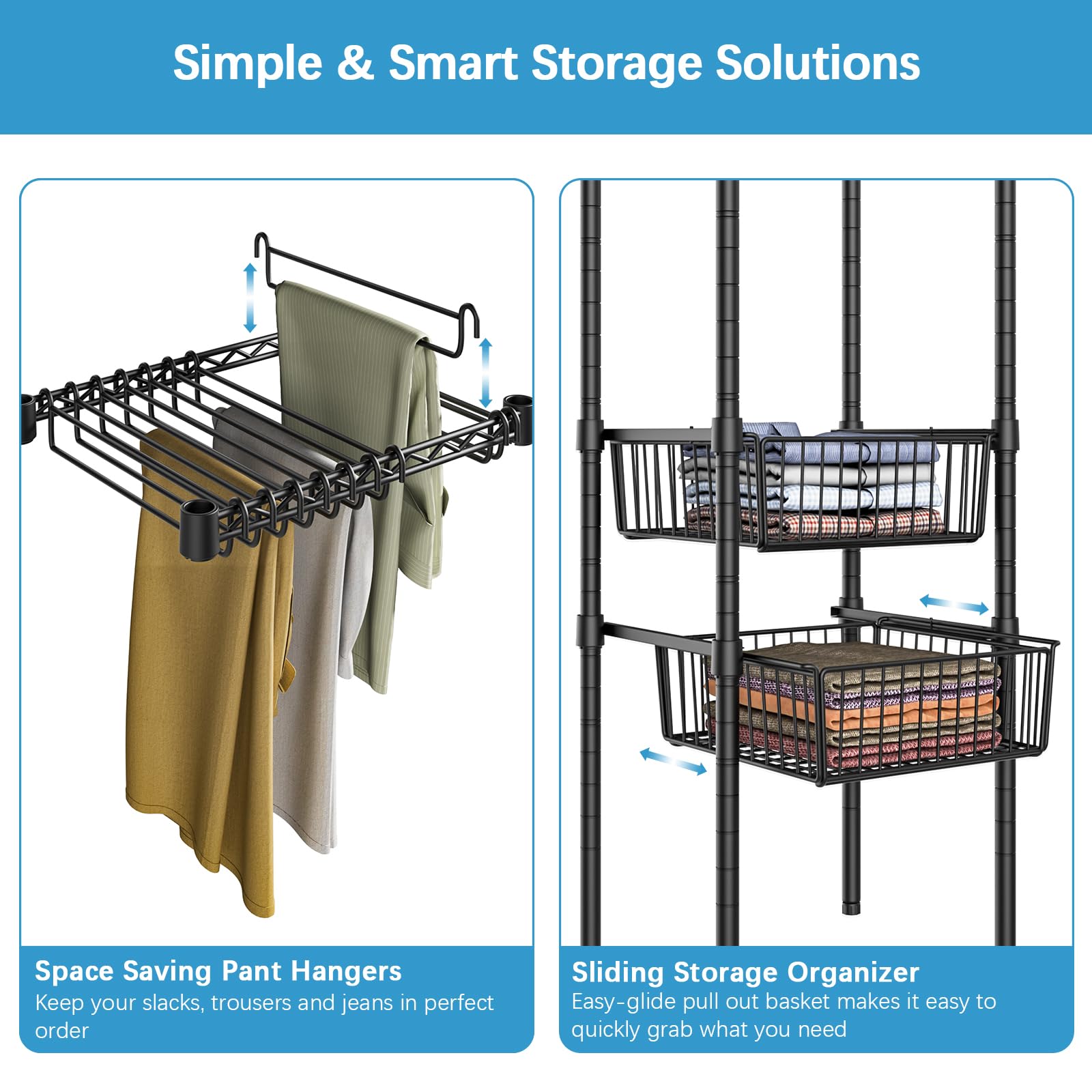 VIPEK V40 Pro Portable Closet Wardrobe Heavy Duty Clothing Rack with 2 Sliding Storage Baskets & 10 Pants Hangers, Freestanding Clothes Rack Large Closet Rack for Bedroom, Max Load 1000lbs, Black