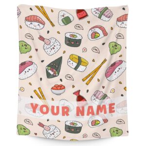 custom sushi blanket for girls - 40x50 inches flannel blankets with name - soft fuzzy plush throws gift - beige funny throw blanket for couch, sofa