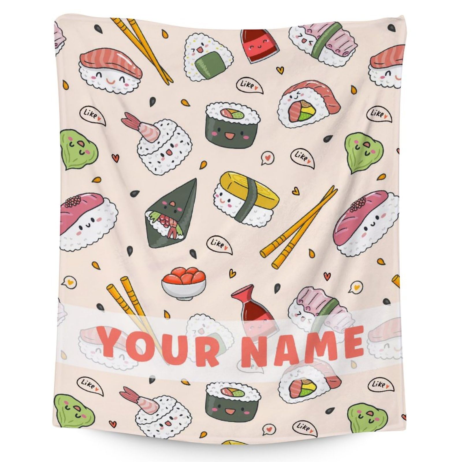 Custom Sushi Blanket for Girls - 40x50 Inches Flannel Blankets with Name - Soft Fuzzy Plush Throws Gift - Beige Funny Throw Blanket for Couch, Sofa