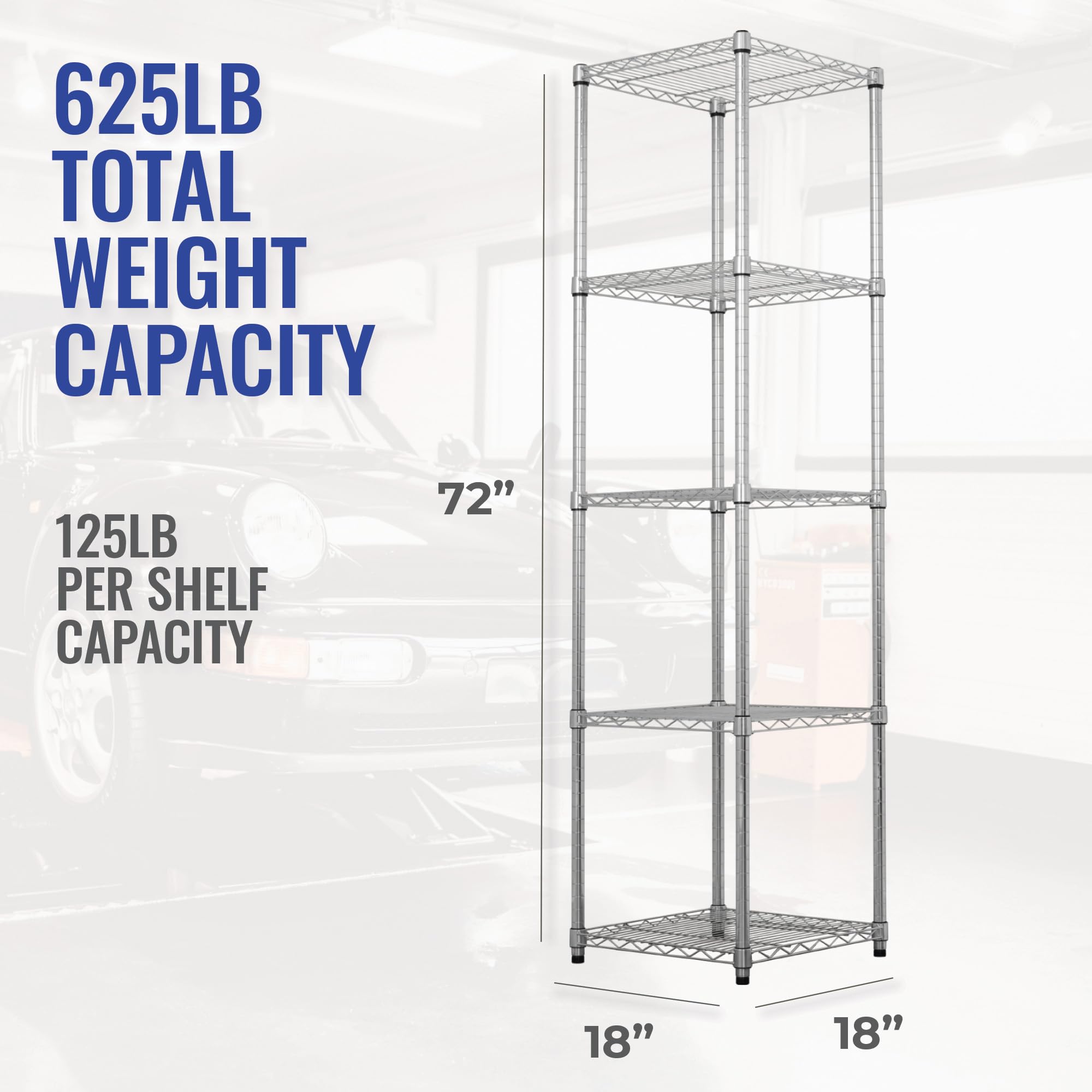 SafeRacks - NSF Certified Storage Shelves, Zinc, Heavy Duty Steel Wire Unit with Wheels and Adjustable Feet, Garage or Bakers Rack, Kitchen, Pantry Shelf - (18"x18"x72" 5-Tier) (Silver)