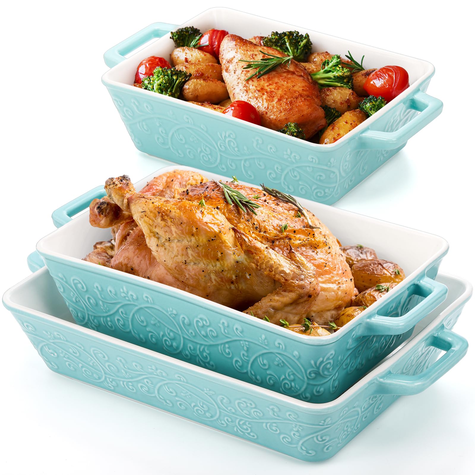 Okllen Set of 3 Casserole Dishes for Oven, Ceramic Baking Dishes with Handles, Rectangular Lasagna Pan Bakeware Set for Baking Cooking, Roasting, Broiling, Gratin, Wedding & Housewarming Gift, Blue