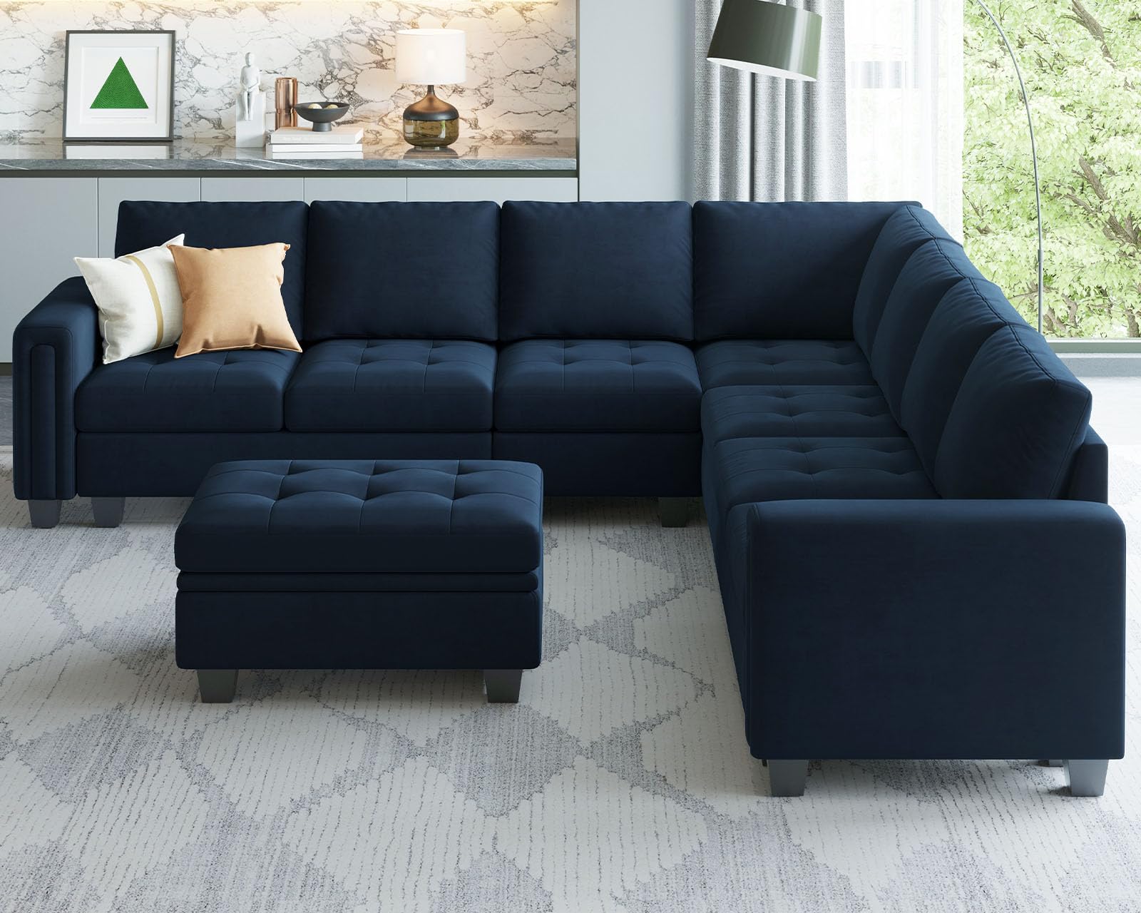 Belffin Convertible Velvet Modular Sectional Sofa Couch with Reversible Chaise L Shaped Sectional Couch with Storage Ottoman Living Room Furniture Sofa Set Blue