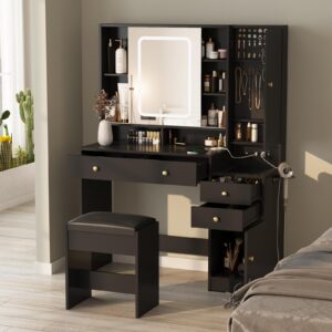 Vanity Table with Mirror, Lights and Charging Station - Glass Top Vanity with 3 Drawers, Jewelry Cabinet and Sliding Door, 42.8 Inches