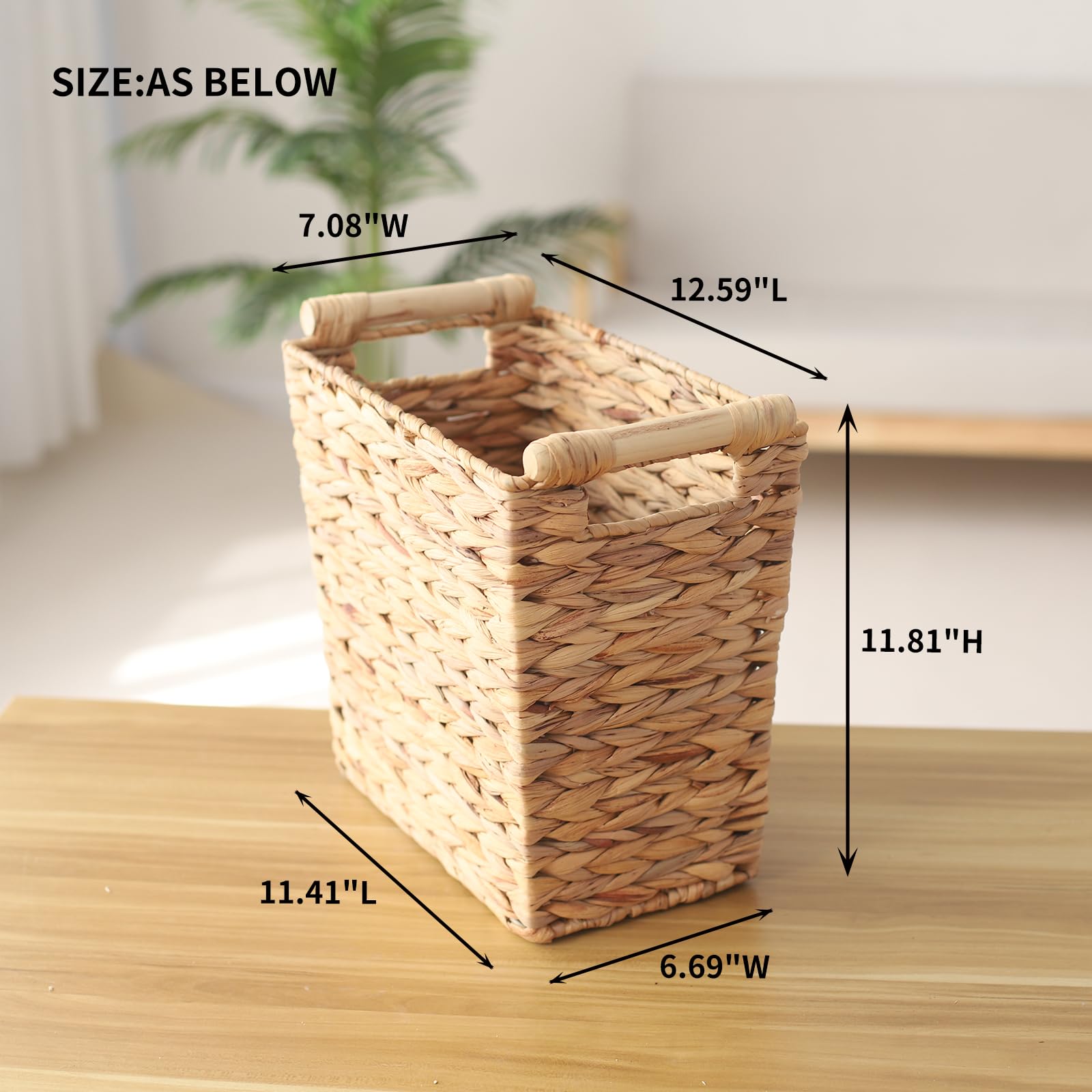 KINGWILLOW Wicker Waste Basket with Wood Handles, Woven Water Hyacinth Trash Can for Sundries Bedroom Bathroom Office