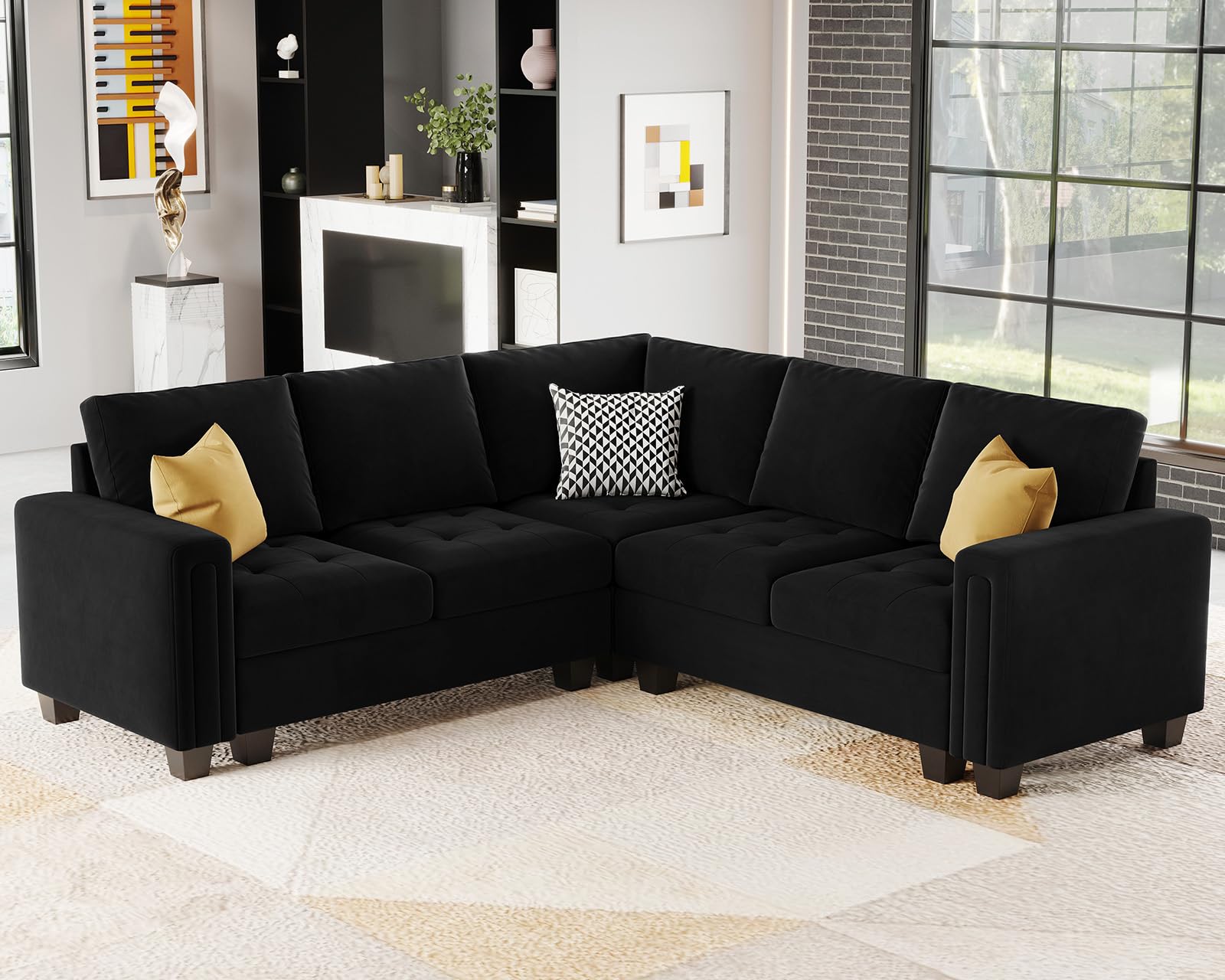 Belffin Velvet Modular Sectional Sofa Convertible Sectional Sofa Couch with Reversible Chaise L Shaped 4 Seater Corner Sofa Couch Black