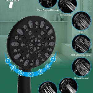 Hibbent 10'' Self-cleaning Rain Shower Head, High Pressure Handheld Shower Head, Showerhead Combo with 12'' Adjustable Curved Shower Extension Arm, 7-Spray, 71'' Hose, Showerhead Holder, Matte Black