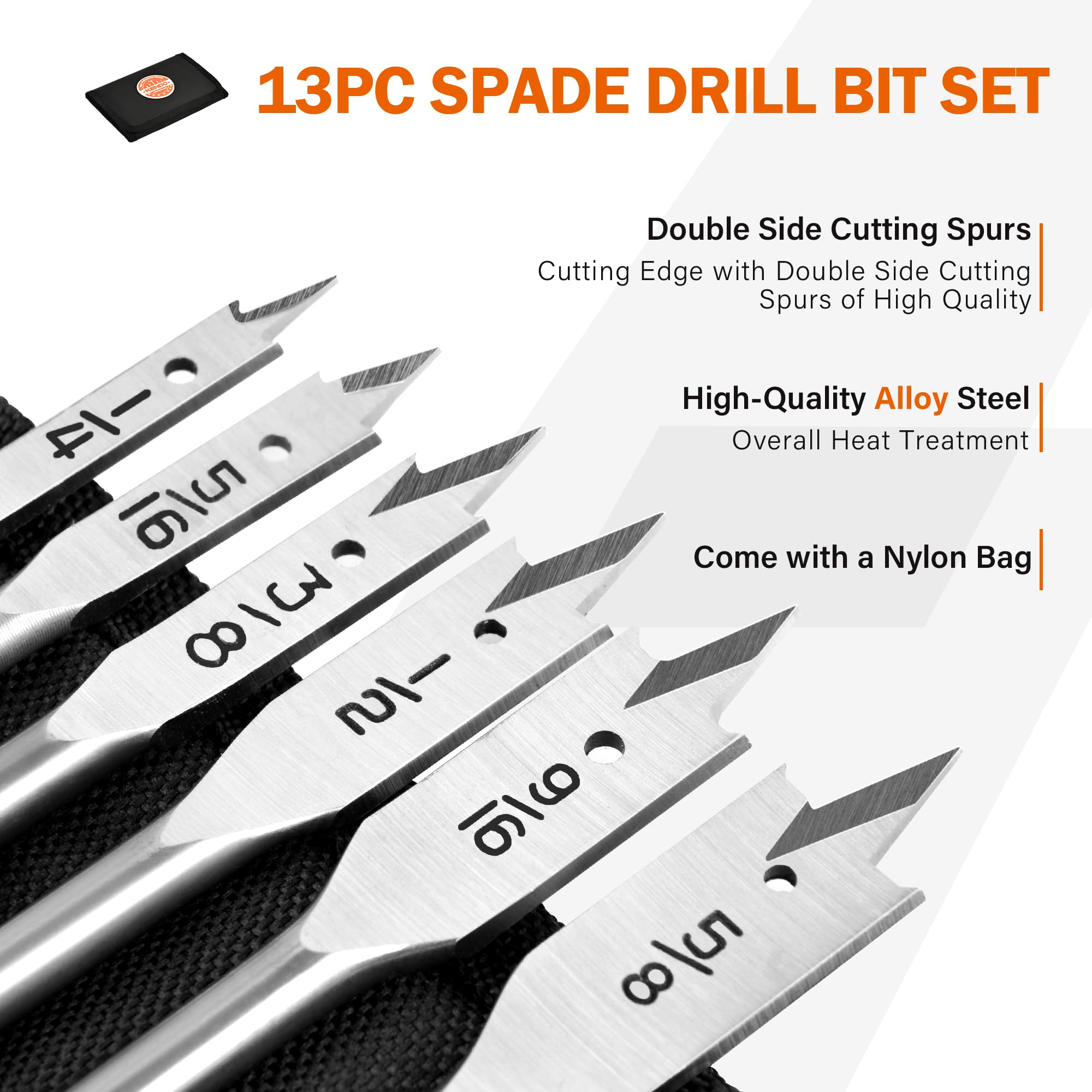 KENDO 13-Piece Spade Drill Bit Sets, Alloy Steel Paddle Flat Bit with Quick Change Shank, Flat Wood Hole Cutter Fit for Woodworking, Assorted Bits with Nylon Storage Pouch, 1/4" to 1-1/2"