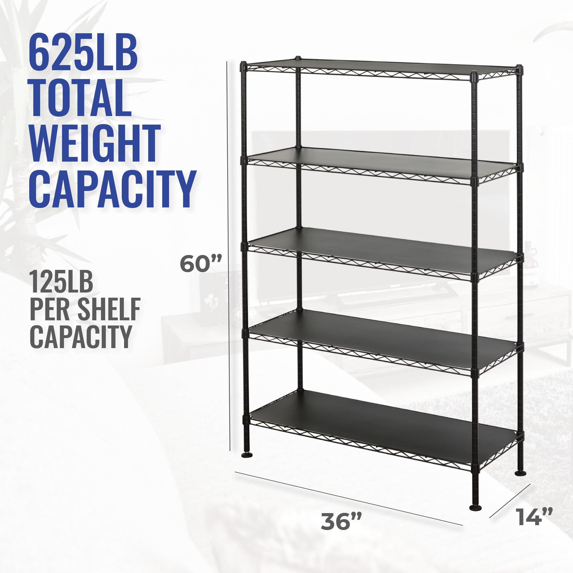 SafeRacks - NSF Certified Storage Shelves, Zinc, Heavy Duty Steel Wire Unit with Wheels and Adjustable Feet, Garage or Bakers Rack, Kitchen, Pantry Shelf - (36"x14"x60" 5-Tier) (Black)