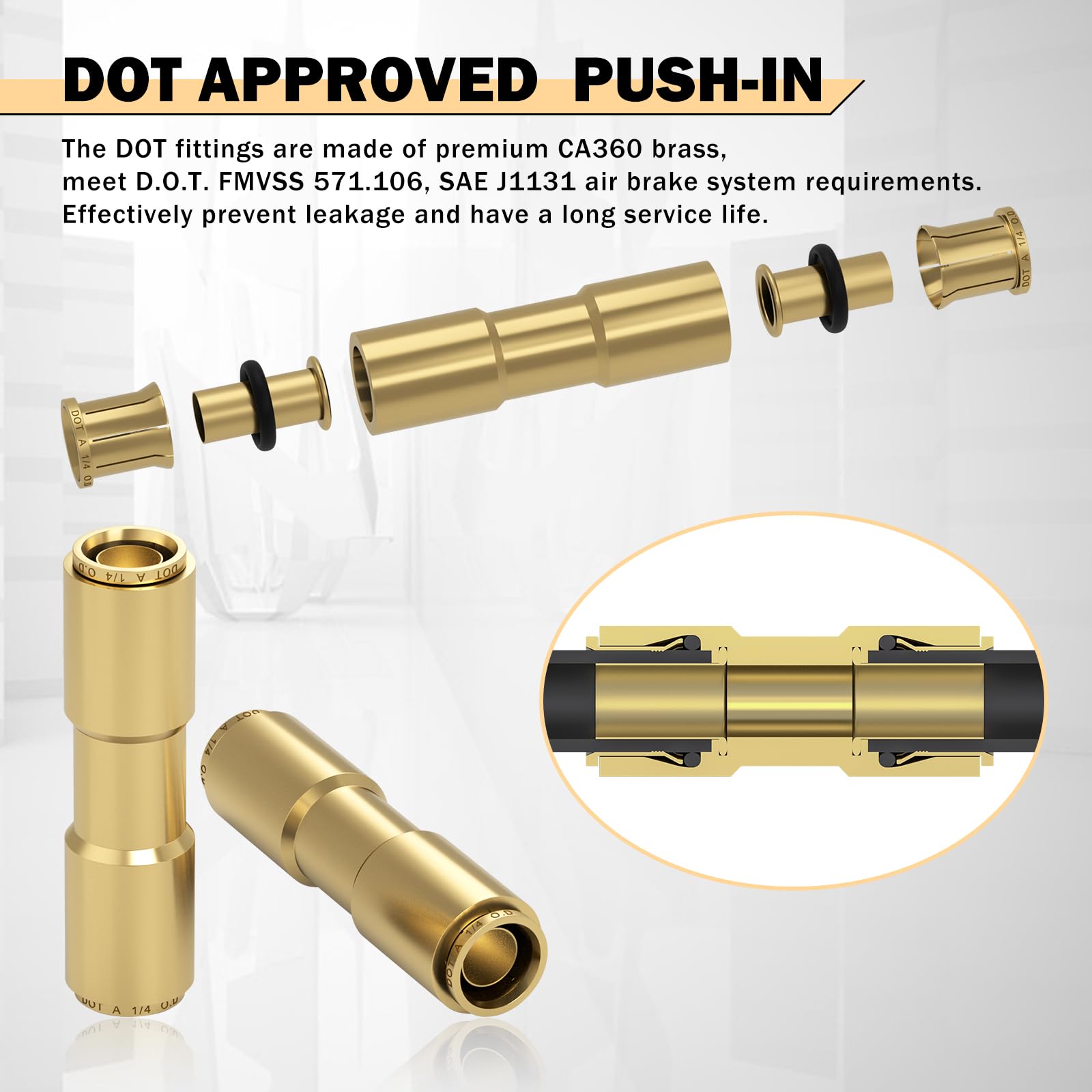 CheeMuii 6 PCS 1/4 Brass DOT Air Line Fitting Straight Union Quick Connect Fittings 1/4 Air Hose DOT Air Fittings for Semi Truck Trailers Industry Air System