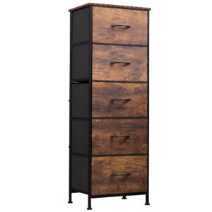 wlive fabric dresser, 5-drawer tall dresser for bedroom, storage dresser organizer with fabric bins, wood top, sturdy steel frame, chest of drawers for closet, hallway, rustic brown wood grain print