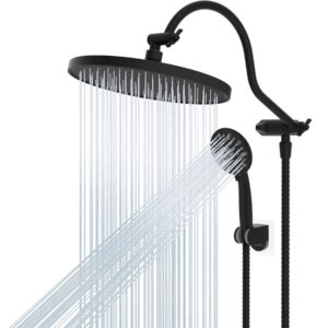 hibbent 10'' self-cleaning rain shower head, high pressure handheld shower head, showerhead combo with 12'' adjustable curved shower extension arm, 7-spray, 71'' hose, showerhead holder, matte black