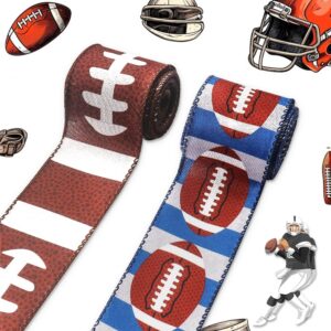 abtols 2 roll 10 yards football ribbons 2.5", blue super football bowl sport wired edge burlap ribbon fall brown ribbon for farmhouse decor gift wrapping diy crafts wreaths bow